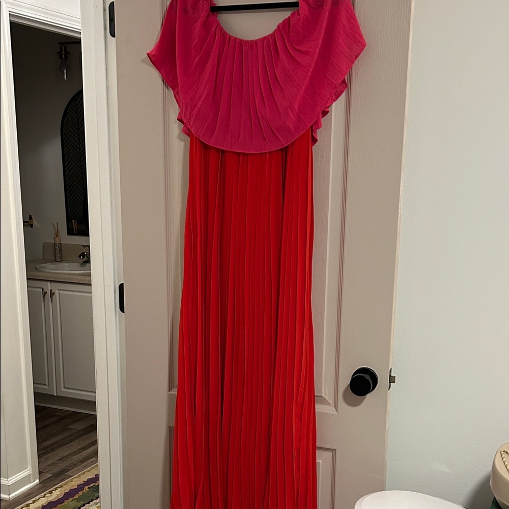Maternity Vibrant Pink and Red Pleated Dress